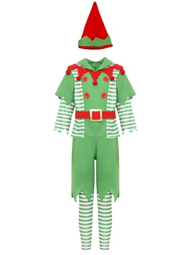 Miutii Weihnachtself Kostüm Kinder Jungen Weihnachtswichtel Kostüm Langarm Oberteile + Weihnachtshose + Mütze + Beinwärmer Xmas Santa Outfit Grün 110-116 von Miutii