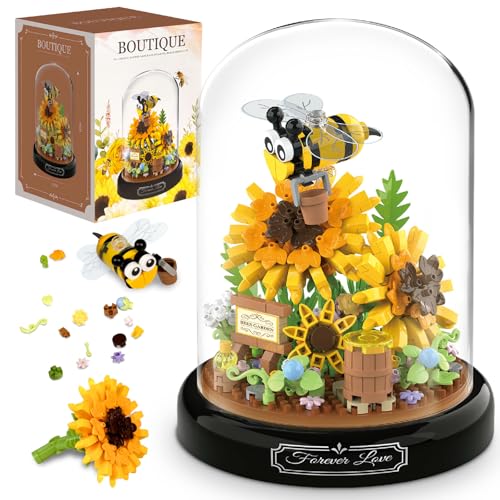 Miyacare Biene Blumen Micro Mini Baustein Set, Blumen Insekten klemmbausteine Bausteine mit Staubdichte Kuppel Und Sockel, Geschenk für Mädchen ab 6 Jahren und Erwachsene (Sonnenblume Biene) von Miyacare