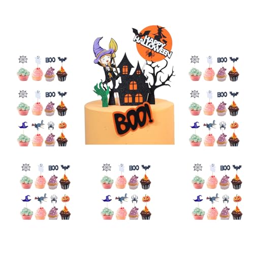 54 Stück Cupcake Topper Set für Halloween,Kuchendeko mit Kürbis, Fledermaus, Schädel, Geist und Spinne | Perfekte Tortendeko für Kinderpartys und Halloween-Feiern (Halloween-B) von Mizijia