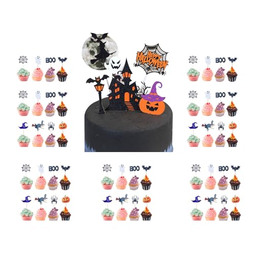 54-teiliges Cupcake Topper Set für Halloween,Kuchendeko mit Kürbis, Fledermaus, Schädel, Geist und Spinne | Perfekte Tortendeko für Kinderpartys und Halloween-Feiern (Halloween-A) von Mizijia