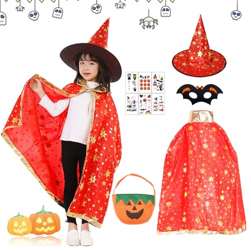 Halloween Zauberer Kostüm Kinder, Kostüm Kinder Halloween mit Wizard Cape Kinder, Zaubererhüte, Kürbistüte, Fledermaus Maske, 20 Halloween Tattoos, Zauberumhang Kinder für Halloween Cosplay - Rot von Mizijia