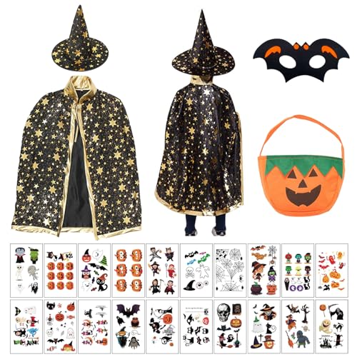 Halloweenkostüm für Kinder, Zauberer Kostüm Kinder Set mit Hexe Zauberer Umhang+Zauberhut+Fledermausmaske+Kürbistüte+20 Halloween Tattoos, Hexenumhang Kinder für Halloween Cosplay Party - Schwarz von Mizijia