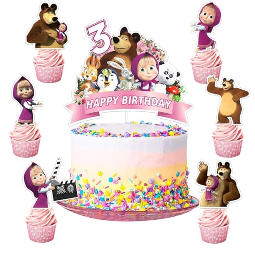 Mizijia 13 Stück Mscha und bär Tortendeko 3. Geburtstag Mädchen, Mscha und bär Cake Topper 3. Geburtstag, Kuchen Deko Set, Happy Birthday Topper für Kinder Geburtstag Party Supplies (3) von Mizijia