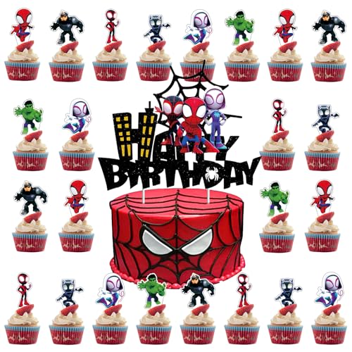 Mizijia 25 Stück Spiderm Tortendeko Jungen, Spiderm Kuchen Deko Kindergeburtstag, Cake Topper Set, Happy Birthday Topper für Kinder Geburtstag Party Kuchen Dekoration Supplies von Mizijia