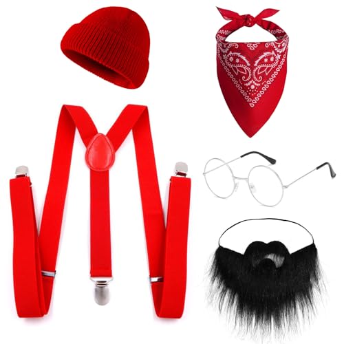 Mizijia 5-teilige Männer Halloween-Kostüm-Set mit Silbergläser, Roter Turban, Melonhauthut, Gurtclip und Falschem Bart, Perfekt für Rollen oder als Geschenk Mizijia 5-teilige Männer Halloween-Kostüm-Set mit Silbergläser, Roter Turban, Melonhauthut, Gurtclip und Falschem Bart, Perfekt für Rollen oder als Geschenk von Mizijia