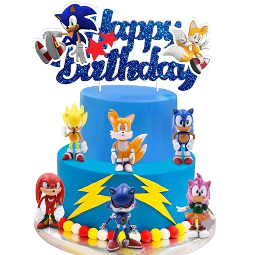 Mizijia 7 Stück Soni Mini Figuren Set, Soni Tortendeko Kindergeburtstag Junge, Kuchen Deko, Blu Hedgehg Cake Toppers, Happy Birthday Topper für Kinder Geburtstag Party Kuchen Dekoration Supplies von Mizijia