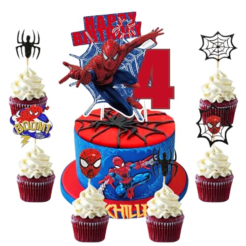 Mizijia 7 Stück Spiderm Tortendeko 4. Geburtstag Junge, Spiderm Kuchen Deko Set, Cake Topper 4 Jahre Geburtstag, Happy Birthday Topper für Kinder Geburtstag Party Supplies (4) von Mizijia