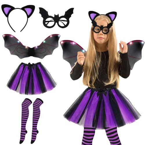 Mizijia Fledermaus Kostüm Kinder,Lila Fledermausflügel mit leuchtenden Lichterketten mit Luminous Fledermausflügel + Schwarz-Lila Tüllrock +Socken+Haarspangen + Fledermaus maske von Mizijia