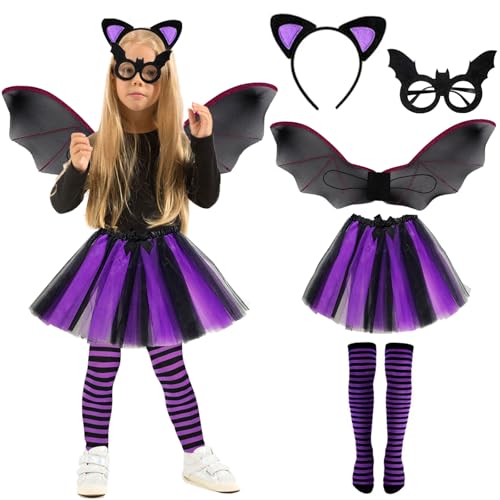 Mizijia Fledermaus Kostüm Kinder,Mädchen Vampir Kostüm mit Fledermausflügel + Schwarz-Lila Tüllrock + Socken + Haarspangen + Fledermaus Maske 5 Stücke Set für Halloween Cosplay Party für Kinder von Mizijia