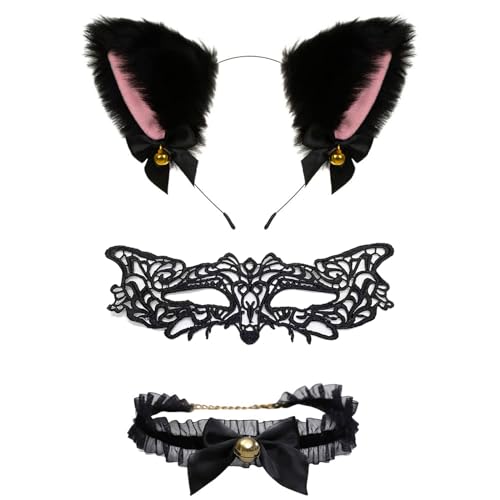 Fuchsohren Haarreif, Katzenohren Haarreif, Fox Ears, Katzen Ohren Halloween Haarschmuck mit Fuchsmaske, Glöckchen Choker Schwarz, Cat Ears Glöckchen Haarschmuck für Kinder Erwachsene Cosplay von Mizijia