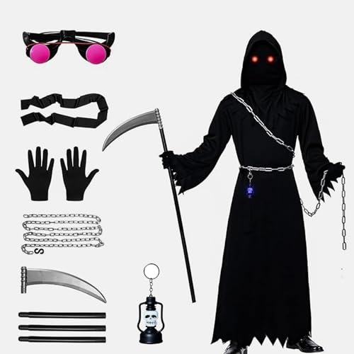 Mizijia Sensenmann Kostüm Kinder,Halloween Kostüm Kinder Sensenmann mit Todessense Handschuhe Leuchtende Gläser ketten und Maske,Grim Reaper Kostüm kinder Deluxe-Kinderkostüm(L von Mizijia