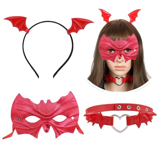 Mizijia Halloween Fledermaus Kostüme Haarschmuck Sets mit Fledermaus Maske Kinder, Fledermaus Haarreif Damen, Fledermaus Halsband, Fledermaus Kinder Ohren für Karneval Kostüm Accessoire (Rot) von Mizijia