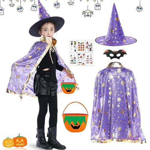 Mizijia Halloween Kostüm Kinder, Zauberer Kostüm Kinder Set mit Hexe Zauberer Umhang+Zauberhut+Fledermausmaske+Kürbistüte+20 Halloween Tattoos, Witch Costume Kids für Halloween Cosplay - Lila von Mizijia