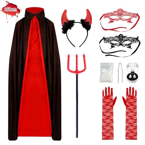 Mizijia Teufel Kostüm Halloween Damen Herren, Teufel Schwarzer Roter Cape, Halloween Vampir Umhang Set, Kultfaktor Hexe Umhang, Kostüm für Halloween Karneval Cosplay Party (L-150cm) von Mizijia