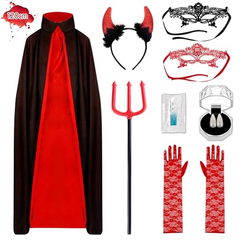 Mizijia Vampir Kostüm Kinder Erwachsene, Halloween Vampir Kostüm Damen Madchen, Teufel Kostüm Damen Herren, Devil Costume für Halloween Karneval Cosplay Party (L-120cm) von Mizijia