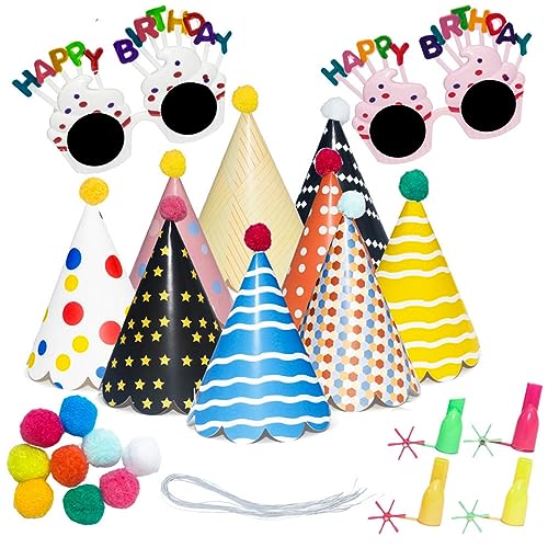 Geburtstagsparty-Kegelhüte, Set, Kuchenkegel, Papierhüte, Set, Partybläser, Pfeifen, Spielzeug, Neuheit, Brille für Party, Foto-Requisiten, Party-Kegel-Hüte für Kinder und Erwachsene, Geburtstag, von Mjaie