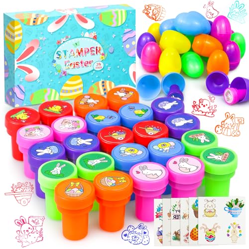 Mjuthy 24 Stück Stempel Selbstfärbend Gefüllte Ostereier für Kinder mit Abnehmbar Osterhase Ostern Stempelset überraschungseier Osterkörbchenfüller Ostergeschenk Party Self-ink Stampers Korb Stuffers von Mjuthy