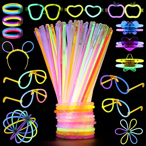 341 pcs Knicklichter Party Set Leuchtstäbe,Knicklichter Kinder,100 Stück Leuchtstäbe 100 Steckverbinder,sowie Brillen und Accessoires in verschiedenen Formen,für Party Deko,Neuem Kreisel von Mkitnvy