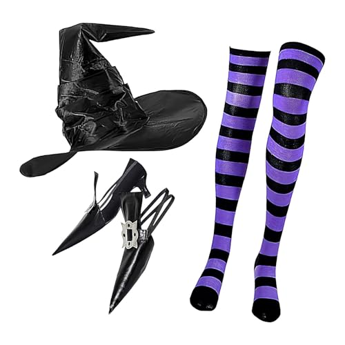 Mkiujhn Halloween-Kostüme für Damen,Halloween-Hexe-Kostüm,Hexenkostüm - Spitze Hexenschuh-Dekoration, gestreifte Kniestrümpfe und Hexenhut-Set zum Verkleiden von Mkiujhn