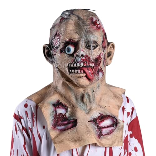 Mkiujhn Halloween-Make-up-Kopfbedeckung, Halloween-Trick-Kopfbedeckung - Kopfbedeckung für Erwachsene mit hervortretenden Augen,Atmungsaktive realistische gruselige Gesichtsbedeckung mit spuckender von Mkiujhn