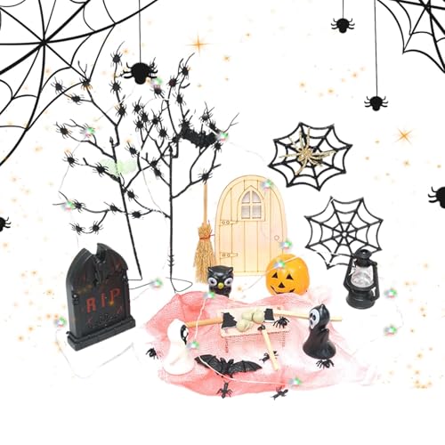 Mkiujhn Miniatur-Halloween-Figuren,Halloween-Miniaturen zum Basteln, Dekorative Horror-Halloween-Miniaturen, Multifunktionale Halloween-Feengarten-Miniaturen mit Lichterkette für Partys von Mkiujhn