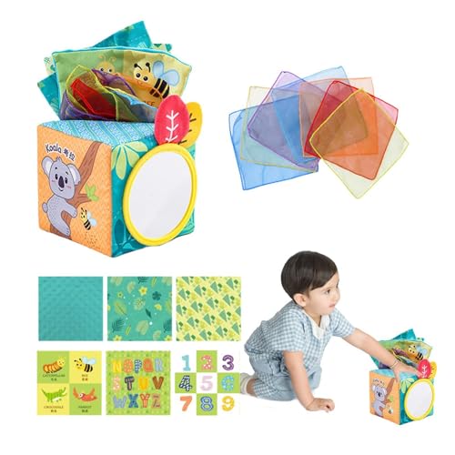 Mkiujhn Taschentuchbox-Spielzeugwürfel, Taschentuchbox-Spielzeug - Weiches, kontrastierendes, sensorisches Knisterspielzeug,Vorschulaktivitäten, Lernspielzeug, Frühentwicklungstool für Kinder im Alter von Mkiujhn