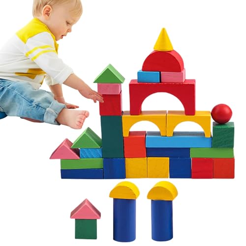 Mlllokfki Holzbausteine-Set, Baubausteine ​​ | 34-teiliges Holzschloss-Bauset | Schlossbauset, Spielzeugbaubausteine, Bausteinspielzeug, Verschiedene Formen für den Kindergarten Vorschule von Mlllokfki