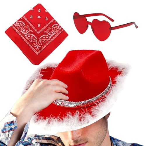 Mlllokfki Santa Cowboy Hat | Christmas Western Hat | Adjustable Santa Hat, Cowboy Holiday Headwear Vintage Bandana Cowgirl Santa Party Hut Cowboy Heart Glasses Santa Cowboy Kostüm von Mlllokfki