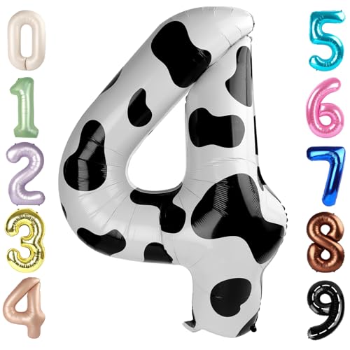 Ballon Zahl 40 Zoll groß 4 Mylar-Folie Helium Schwarz Weiß Kuh Druck Ballons für 4. Geburtstag Party Nummer 4 14 Tier Bauernhof Cowboy Schwarz Weiß Cowgirl Motto Party von Mluchee