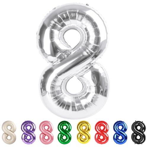 Ballon Zahlen Happy Birthday Dekorationen für Frauen Männer, 40 in Silber Zahl 8 Ballons Jumbo Folie Helium Mylar Party Dekorationen für Hochzeit, Feier, Abschlussfeiern von Mluchee