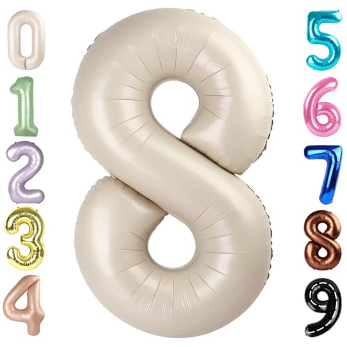 Zahlenballons Cremeweiß 8 Geburtstag Luftballons für Mädchen Jungen, 40 Zoll 8 Geburtstag Dekorationen Party Supplies, Happy Birthday Dekorationen für Männer Frauen von Mluchee