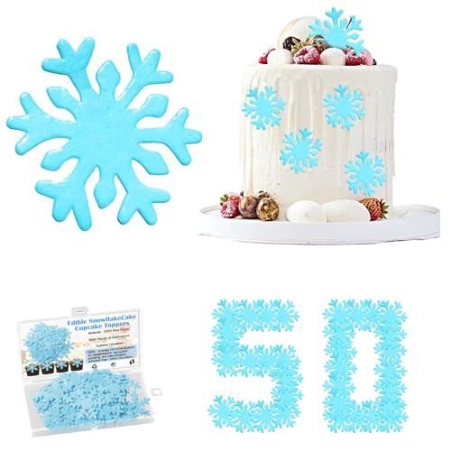 50 Stück Essbare Schneeflocken Tortendeko, Blau Schneeflocke Kuchen Cupcake Topper, Winter eingefroren Thema Tortendeko, für Winter Thema Geburtstag Party Kuchen von Mmgoqqt