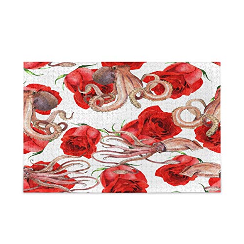 Mnsruu Aquarell Tintenfisch Oktopus Rose Blume Puzzle Freizeit Kreative Spiele 1000 Teile für Erwachsene Kinder Geschenk von Mnsruu