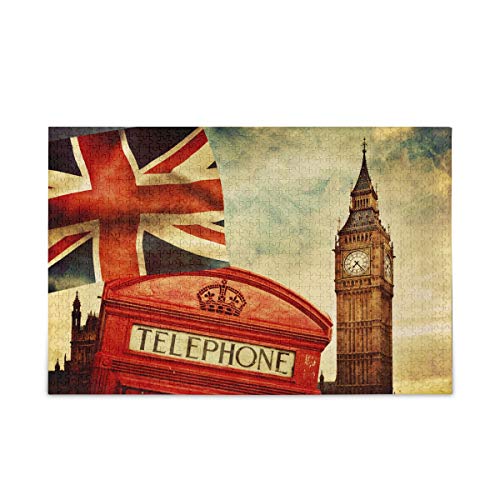 Mnsruu Big Ben London England Britische Flagge Wahrzeichen Vintage Puzzle Freizeit Kreative Spiele 1000 Teile für Erwachsene Kinder Geschenk von Mnsruu