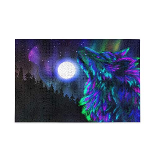 Mnsruu Bunte Landschaft Wolf Mond Puzzle Freizeit Kreative Spiele 1000 Teile für Erwachsene Kinder Geschenk von Mnsruu