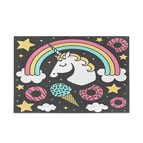 Mnsruu Einhorn Regenbogen Eis Donut Schwarz Puzzle Freizeit Kreative Spiele 1000 Teile für Erwachsene Kinder Geschenk von Mnsruu