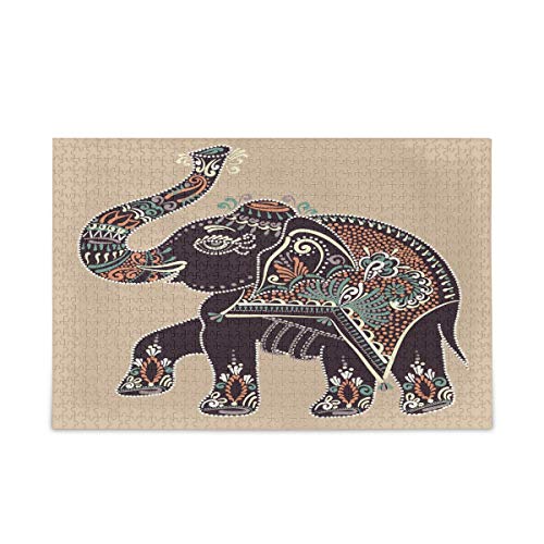 Mnsruu Indischer Elefant Azteken Tribal Floral Vintage Puzzle Freizeit Kreative Spiele 1000 Teile für Erwachsene Kinder Geschenk von Mnsruu