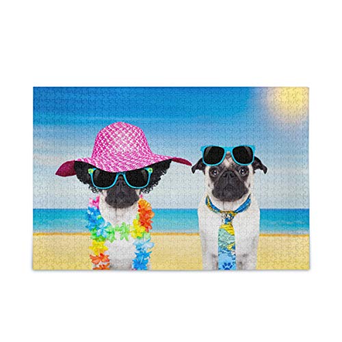 Mnsruu Sommerurlaub Meer Strand Mops Hund Puzzle Freizeit Kreative Spiele 1000 Teile für Erwachsene Kinder Geschenk von Mnsruu