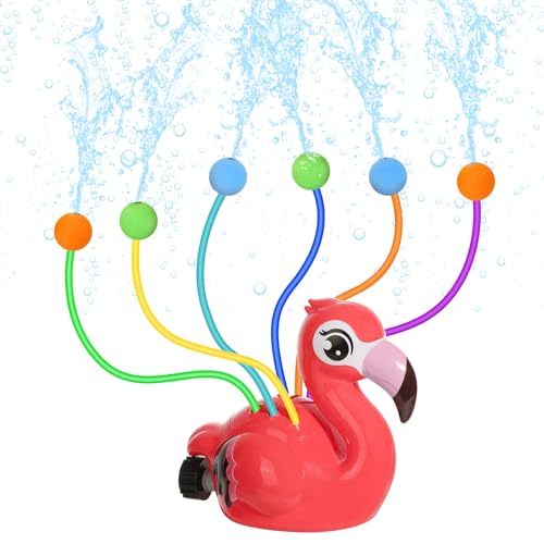 MoKo Wassersprinkler für Kinder, Niedliches Outdoor Wasserspielzeug, Schwimmbad Spielzeug mit 6 Wackelrohren & 6 Schwammkugeln & 1 Schlauchklemme, Sommer Flamingo Wasserspielzeug für Haustiere, Rot von MoKo