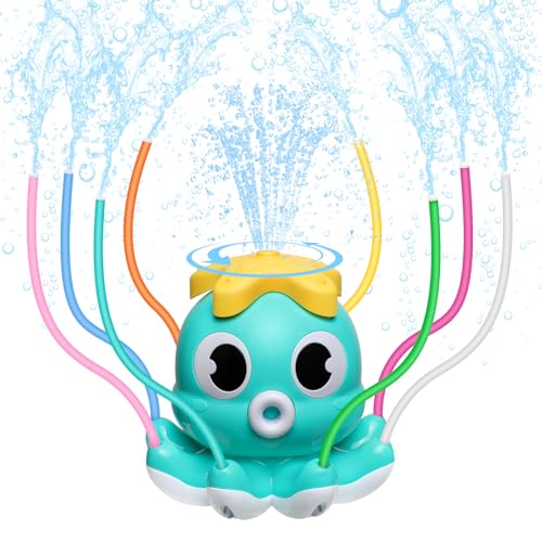 MoKo Wassersprinkler für Kinder, Niedliches Outdoor Wasserspielzeug, Schwimmbad Spielzeug mit 8 Wackelrohren & 2 Schlauchklemme, Sommer Kraken Wasserspielzeug für Jungen Mädchen Haustiere, Hellblau von MoKo