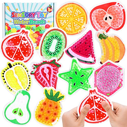 12 Stück Obst Antistressball, Kühlkissen für Kinder Erwachsene, Kühlpads Kinder Stress Bälle, Quetschball Anti Stress Spielzeug, Anti Stress Bälle Stressball Erwachsene, Wasserperlen für Kinder von MoZkkiz