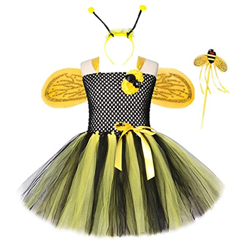 3 Stück Bienenkostüm Kinder Mädchen, Bienen Kleid mit Bienen Flügel, Haarreif, Zauberstab, Tüllrock schwarze und gelbe Streifen Karnevalkostüm Kinder Mädchen für Halloween Fasching Cosplay Party von Mobanna