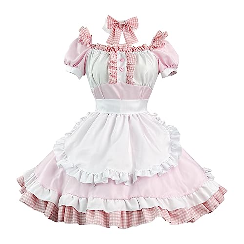 Dienstmädchen Kostüm, Maid Dress Cosplay Anime Kostüm Dienstmädchen Mit Schürze Kopfschmuck French Maid Hausmädchen Sissy Outfit Zimmermädchen Rosa XL von Mobanna