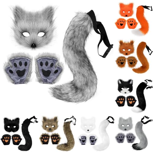 Fuchs Kostüm Halloween Kostüm mit Furry Schwanz, Maske und Handschuhe 3 Set Therian Paws Furry Maske Fancy Party Kostüm Spielzeug Geschenk für Kinder oder Erwachsene von Mobanna