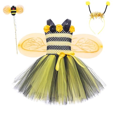 Mobanna 3 Stück Bienenkostüm Kinder Mädchen, Bienen Kleid mit Bienen Flügel, Haarreif, Zauberstab, Tüllrock, Karnevalkostüm Kinder Mädchen für Halloween Fasching Cosplay Party S-XL von Mobanna