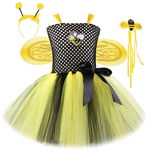 Mobanna 3 Stück Bienenkostüm Kinder Mädchen, Bienen Kleid mit Bienen Flügel, Haarreif, Zauberstab, Tüllrock schwarze und gelbe Streifen Karnevalkostüm für Halloween Fasching Cosplay Party von Mobanna