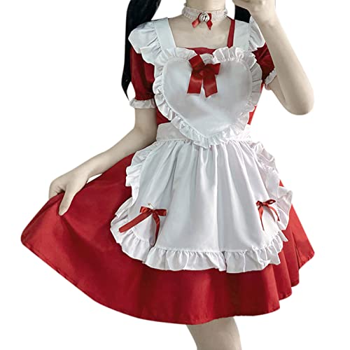 Mobanna Anime Cosplay, Maid Outfit Cosplay Anime Kostüm Dienstmädchen French Maid Mit Schürze Kopfschmuck Hausmädchen Sissy Zimmermädchen Dress Rot XXL von Mobanna