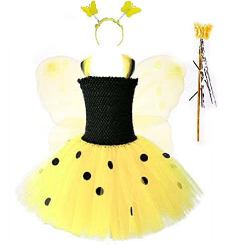 Mobanna Bienenkostüm Kinder Mädchen, 3 Stück Bienen Kleid mit Bienen Flügel, Haarreif, Zauberstab, Tüllrock, Karnevalkostüm Kinder Mädchen für Halloween Fasching Cosplay Party 2-8 Jahre von Mobanna