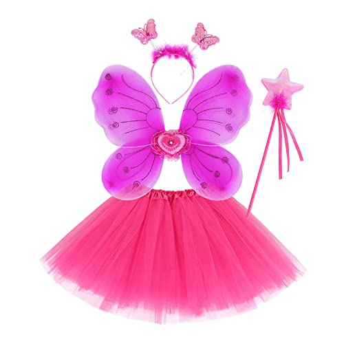 Mobanna Faschingskostüme Kinder Mädchen Schmetterlingsflügel - 4pcs Feenflügel Mit Tutu Rock, Zauberstab und Haarreif Schmetterling Kostüm Für Fasching Karneval Halloween von Mobanna