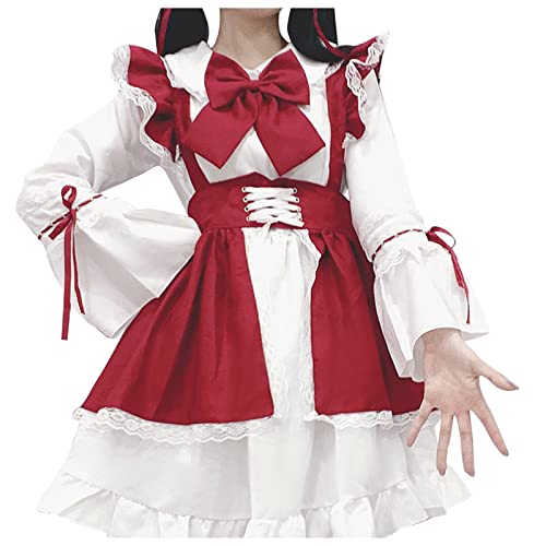 Mobanna Kawaii Dress, Maid Dress Cosplay Anime Kostüm Dienstmädchen Mit Schürze Kopfschmuck French Maid Hausmädchen Sissy Outfit Zimmermädchen Rot M von Mobanna